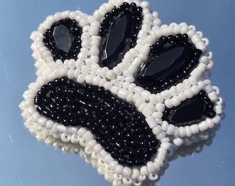 Handmade Beaded Paw Print Brooch: Black & White Pet Jewelry