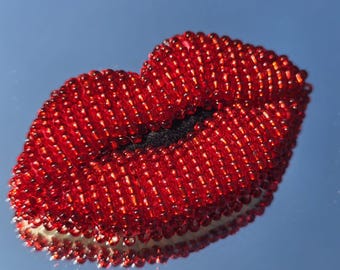 Handmade Beaded Red Lips Brooch: Statement Jewelry Pin