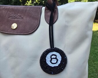 Handmade Beaded 8 Ball Bag Charm, Black and White Pool Ball Keychain, Billiards Purse Charm, Unique Bag Accessory, Gift for Pool Lover