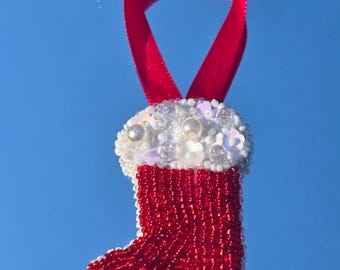 Beaded Christmas Stocking Ornament - Handmade Tree Decoration