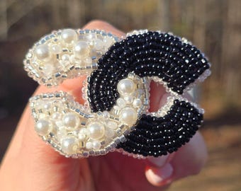 Beaded Brooch - Pearl and Black Bead Statement Pin