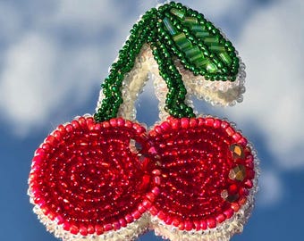 Beaded Cherry Brooch – Handmade Red Cherry Pin, Fruit Jewelry,Food Accessory