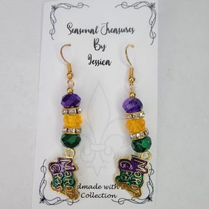 Handmade Beaded Purple, Gold and Green Mardi Gras Earrings