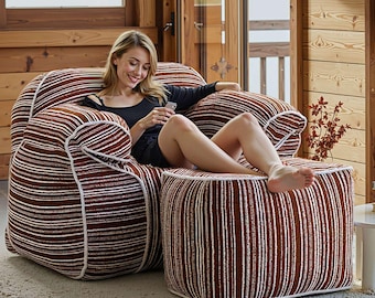 Single floor sofa set: Red striped Floor-standing upholstered sofa, Beanbag chair, pet-friendly sofa with ottoman