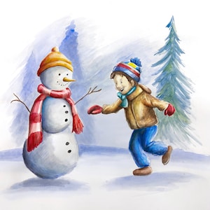Boy playing with Snowman - Watercolor painting print