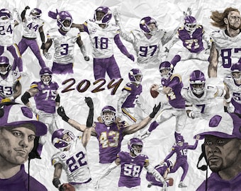May include: A collage of 2024 Minnesota Vikings football players in purple and white uniforms. The players are depicted in various poses, including running, throwing, and catching the ball. The year 2024 is written in large, bold letters in the center of the image.