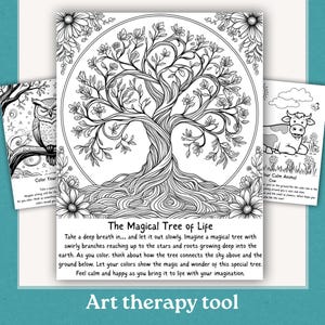 May include: Black and white line art coloring pages. The main page features a detailed tree with swirling branches and roots, surrounded by flowers. Additional pages show an owl and a cow. Text at the bottom reads "The Magical Tree of Life" and "Art therapy tool."