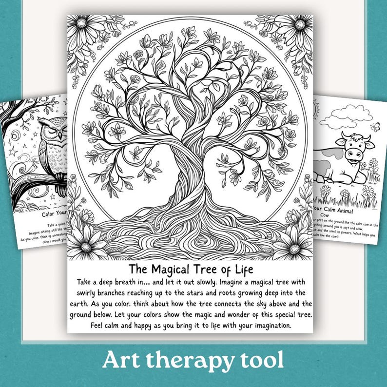May include: Black and white line art coloring pages. The main page features a detailed tree with swirling branches and roots, surrounded by flowers. Additional pages show an owl and a cow. Text at the bottom reads "The Magical Tree of Life" and "Art therapy tool."