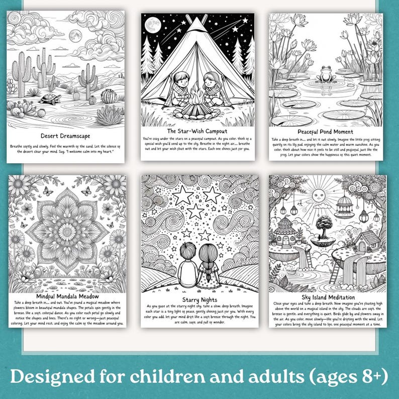 May include: Six black and white coloring pages with various scenes, including a desert, a campsite, a pond, a mandala, a starry night, and a sky island. Text at the bottom reads "Designed for children and adults (ages 8+)".
