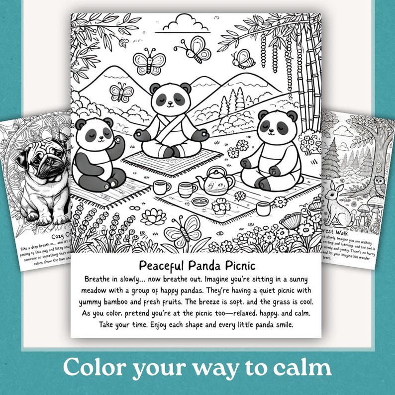 May include: Black and white coloring book pages featuring pandas, a pug, and a rabbit. The main page is titled "Peaceful Panda Picnic" with text about relaxation. The phrase "Color your way to calm" is at the bottom.