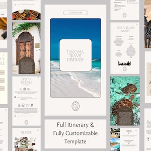 Könnte beinhalten: Eine digitale Reise-Reiseplanvorlage für Tansania mit einer Strandszene und dem Text "Tanzania Travel Itinerary" auf dem Cover. Die Vorlage enthält einen Tagesplan, Aktivitäten, Restaurant- und Barempfehlungen sowie ein Inhaltsverzeichnis.