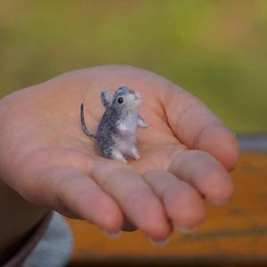May include: A small, gray and white needle felted mouse is sitting in the palm of a hand. The mouse has a long tail and is looking up.