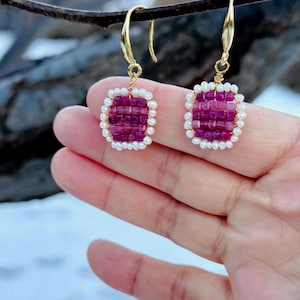 Purple and Lilac Dangle Earrings with Freshwater Millet Pearls-Made of Ruby-Golden Stainless Steel Hook- Gift for Wife and Mom