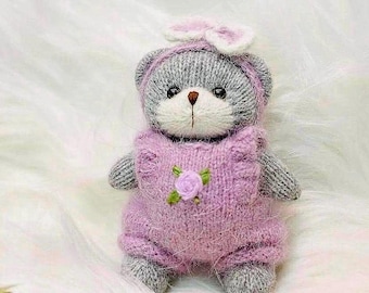 Knitted Bears In Purple Dress-Rose Pattern-8cm-Miniature-Dollhouse Collection-Gift for Best friends/Children/Sister