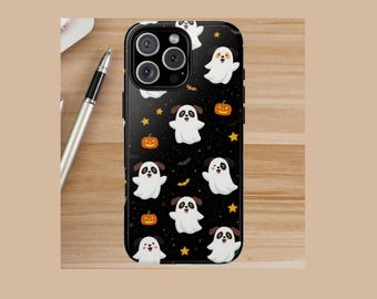 Ghost Dog Halloween Phone Case - Cute Ghost Puppy Design with Pumpkins and Stars for iPhone and Samsung