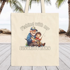 Angeln mit meinem Lieblingshelden Einkaufstasche | Opa & Kind Angeln Geschenk, Vatertag Tote, Outdoor-Liebhaber Canvas Tasche, Geschenk für Papa oder Papa