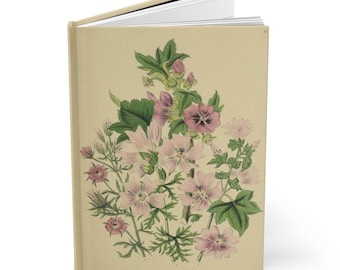 Cuaderno de tapa dura con ilustraciones botánicas de flores silvestres de malva rosa / Cuaderno con ilustraciones vintage, diario de escritura sobre la naturaleza