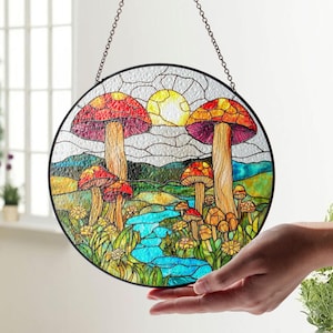 Mushroom Forest Stained Glass Style Wall or Window Hanging, Birthday Gift, Window Hanging