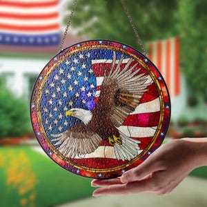 Bald Eagle Stained Glass Suncatcher: Patriotic American Flag Window Decor