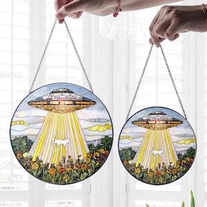 Father's day gift set 2025 - UFO Abduction White cat Wildflowers Glass Suncatcher - Funny Gifts for Window Hanging, Indoor Decor, Cat Sign