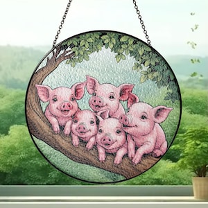 Pig Stained Glass Window Hanging: Farmhouse Decor, Country Animal Art
