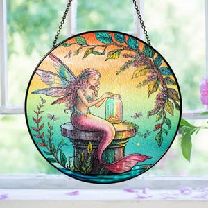 Mermaid Glass Suncatcher Window Hanging, Mermaid Lovers Gift, Mermaid Stained Glass, Home Decor, Kitchen Decor, Mermaid Decor