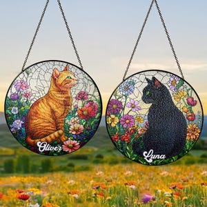 Custom Cat Glass Suncatcher, Black Cat Art, Tabby Cat Window Hanging, Cat Lover Gift, Floral Cat Wall Decor, Gift for Cat Lovers