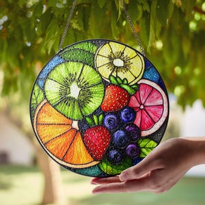 Fruit Slice Citrus Suncatcher - Vibrant Round Acrylic Window Decor With Kiwi Orange Strawberry Details - Kitchen Summer Gift