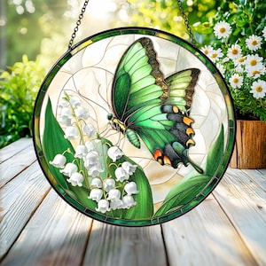 Lily of The Valley Stained Glass Suncatcher, Butterfly Window Hanging, Flower Butterfly Home Kitchen Decor
