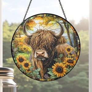 Highland Cow Suncatcher, Stained Glass Window Decor, Floral Farmhouse Gift, Rustic Sunflower Cow Wall Art, Cow Lover Gift, Animals Farm