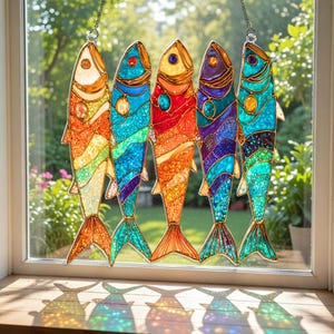 May include: A colorful stained glass window hanging featuring five stylized fish. Each fish is a different color, including orange, blue, and purple, with decorative accents. The fish are suspended from a chain, creating a vibrant display.