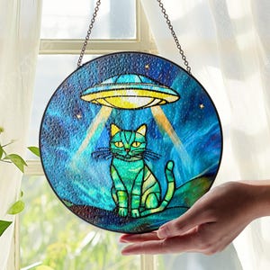Suncatcher Cat Alien Stained Glass Picture Home Cute decor Gift ideas Window Hanging Decor Wall art Funny decor, Art decor suncatcher