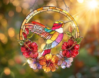 Personalized Hummingbird Acrylic Suncatcher, Tropical Flower Window Hanging, Custom Name Gift, Memorial Family Keepsake