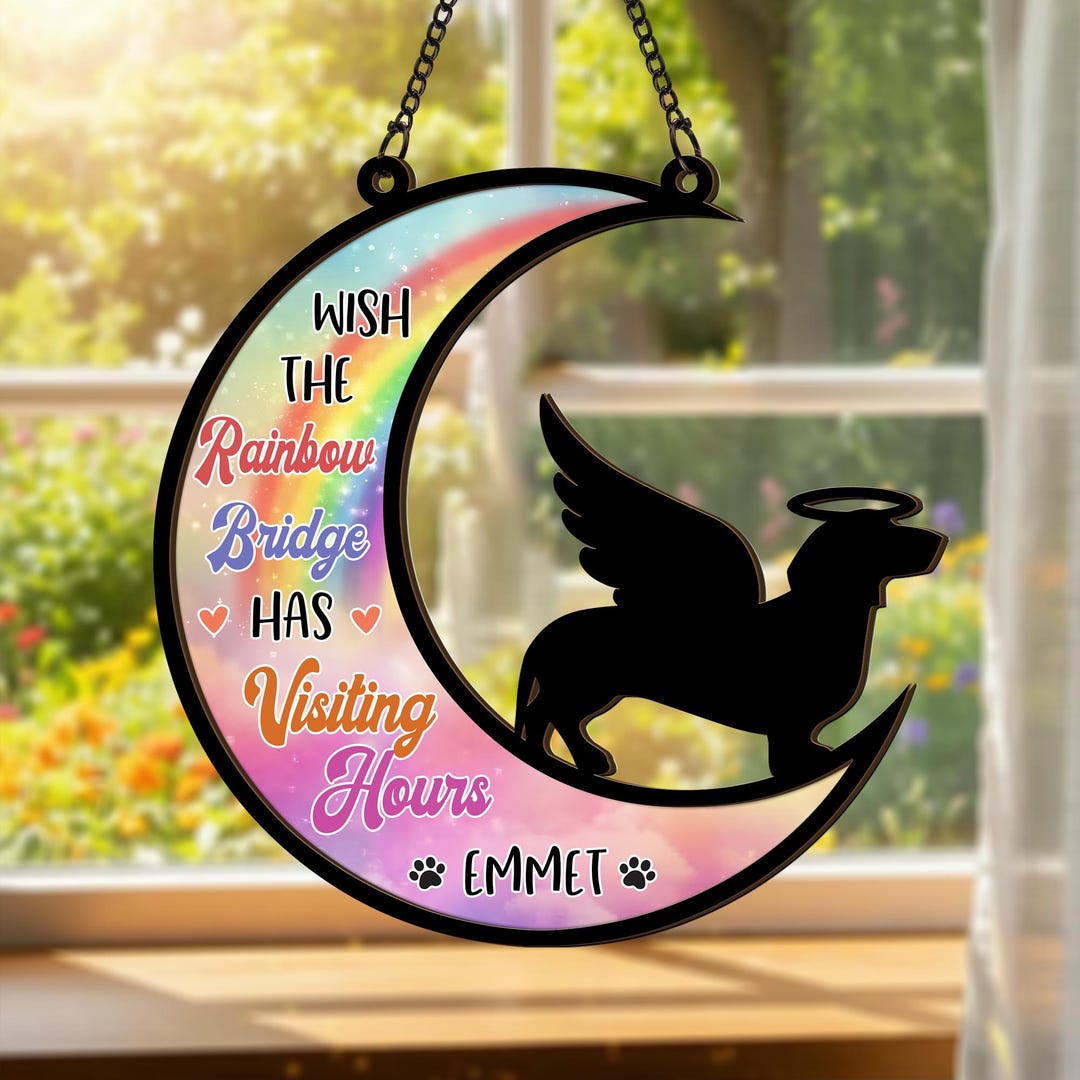 Rainbow Bridge Dog Memorial Suncatcher, Custom Pet Loss Gift, Moon ...