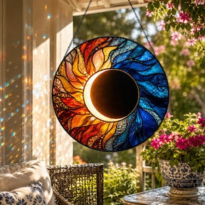 May include: A circular stained glass suncatcher featuring a central dark crescent moon surrounded by radiating flame-like patterns in vibrant shades of red, orange, and yellow on one side, and deep blue and teal tones on the other side.