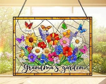 Personalized Grandma’s Garden Faux Stained Glass Suncatcher, Custom Flower Name Window Hanging, Family Birth Flower Gift