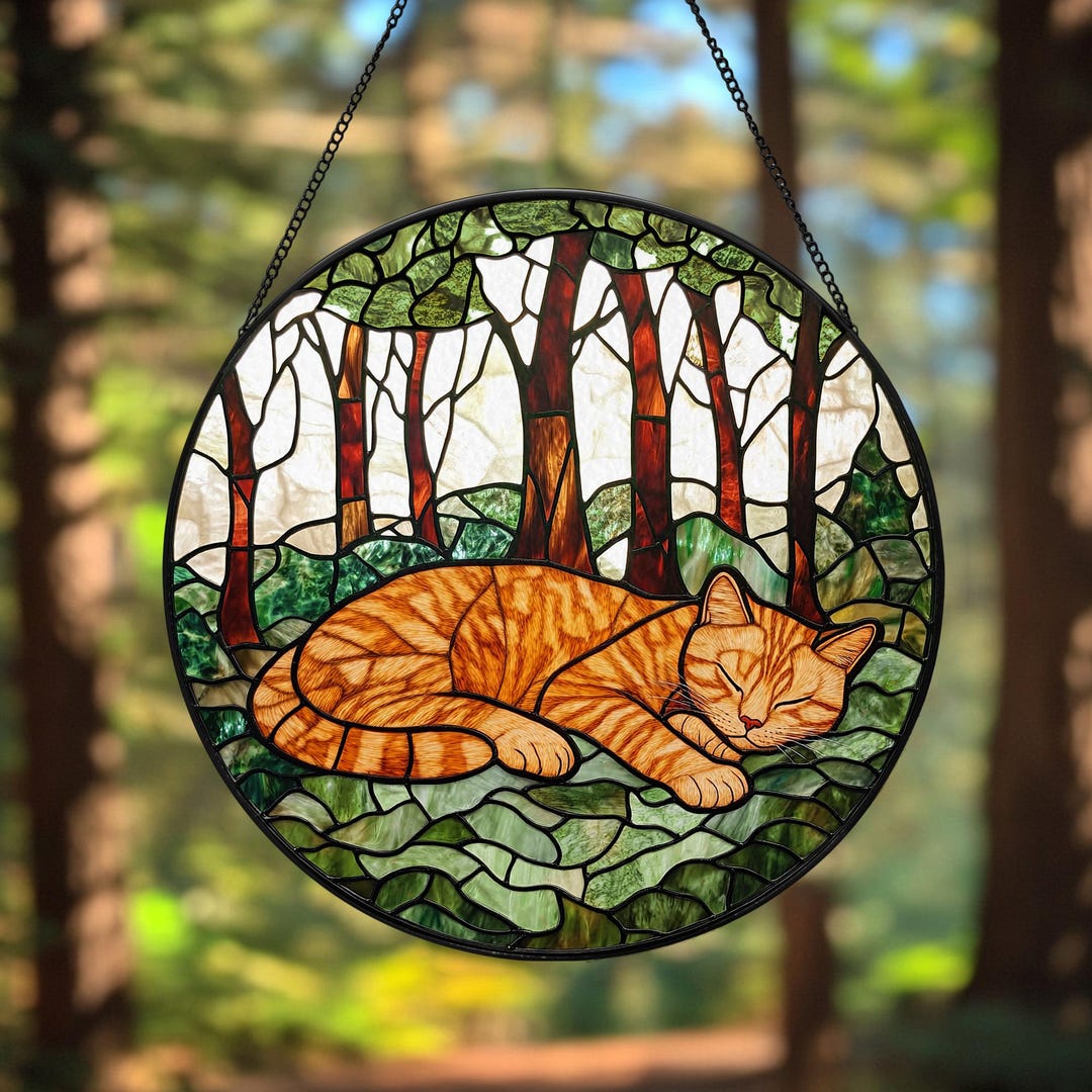 Orange Tabby Cat Suncatcher, Sleeping in Woods, Faux Stained Glass ...