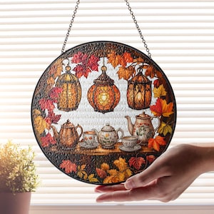 Cottagecore Floral Teacup Shelf Faux Stained Glass Suncatcher, Vintage Tea Lover Glass Window Hanging, Mother’s Day Gift, Gift for Mom