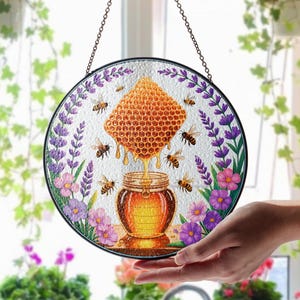 Bee Hive And Floral Glass Suncatcher, Faux Stained Acylic Window Hanging Nature Wall Decor Gift For Mom Or Bee Lovers Spring Home