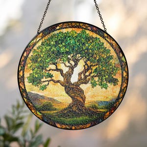 Mighty Oak Stained Glass Style Wall or Window Hanging, Biblical Art, Spiritual Gift, Faith Home Decor