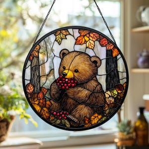 Baby Bear Stained Glass Suncatcher, Little Bear Window Hanging, Nature Animals Hanging Decor, Mothers Day Gift For Mom