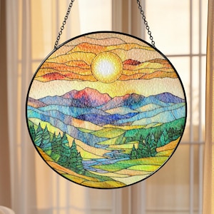 Mountain Range Stained Glass-Style Christmas Ornament - Made With Real Glass, Window Hanging, Sunflower Suncatcher, Gift For Dad Granpa