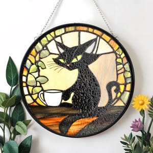 Grumpy Glow Feline at the Window, Mom gift, Dad gift, Home decor, Kitchen decor, Cat Glass Window Hanging Gifts, Gift For Cat Lover