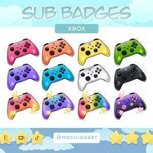 Op de afbeelding: Een set van 10 kleurrijke Xbox-controller badges met een witte achtergrond. De badges hebben verschillende kleuren en ontwerpen, waaronder regenboog, paars, blauw, groen, geel, oranje, roze en wit. De tekst "SUB BADGES" staat bovenaan de afbeelding, en "XBOX" staat onder de badges. De tekst "@MOCHIKOART" staat onderaan de afbeelding.