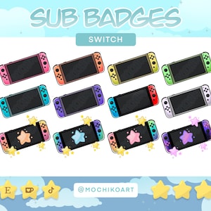 May include: A set of 12 digital badges featuring a stylized Nintendo Switch console with different colored backgrounds and star accents. The text "SUB BADGES" and "SWITCH" are at the top of the image.
