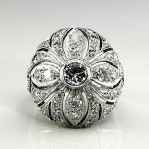 Art Deco Florral Inspire Ring, Round Cut Moissanite Diamond Antique Ring, White Gold Wedding Engagement Ring, Milgrain Mid-Century Ring