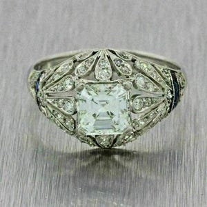 Anillo con circonita azul talla baguette y Asscher, anillo Art Déco antiguo calado, anillo eduardiano de inspiración vintage, anillo de bodas de mediados de siglo para ella.