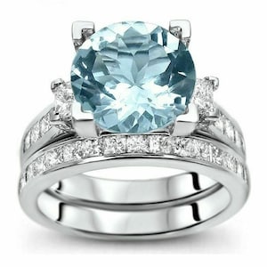 Aqua Round & Princess CZ Stone Bridal Ring Set, Half Eternity Stackable band, Women's Engagement Ring Set, Silver Wedding Proposal Ring Set