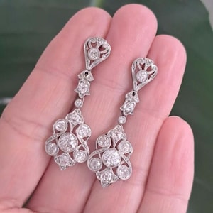Antique Edwardian Dangle Drop Earring, Bezel Set Old European Cut Moissanite Diamond Drop Earring, Mid-Century Earring, Art Deco Earring