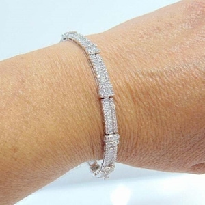 Baguette & Round Cut CZ Stone Tennis Bracelet, Wedding Bracelet For Bride, Women&#39;s Engagement Bracelet, Anniversary Gift Bracelet For Wife